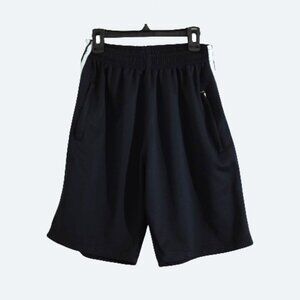 Navy jersey shorts with side white stripes